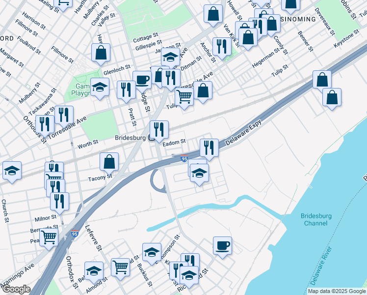 map of restaurants, bars, coffee shops, grocery stores, and more near 2255 Brill Street in Philadelphia