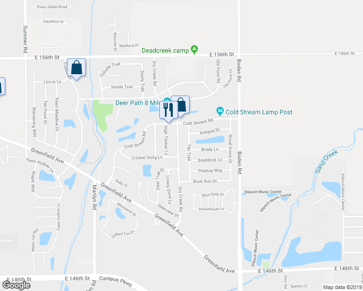 map of restaurants, bars, coffee shops, grocery stores, and more near 15184 Dry Creek Road in Noblesville