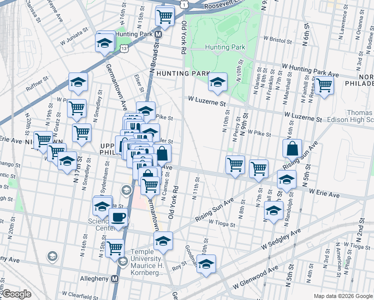 map of restaurants, bars, coffee shops, grocery stores, and more near 3713 Old York Road in Philadelphia
