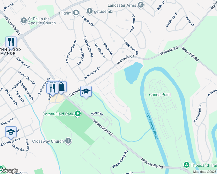 map of restaurants, bars, coffee shops, grocery stores, and more near 15 Waterleaf Road in Lancaster