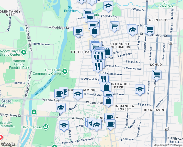 map of restaurants, bars, coffee shops, grocery stores, and more near 55 West Patterson Avenue in Columbus