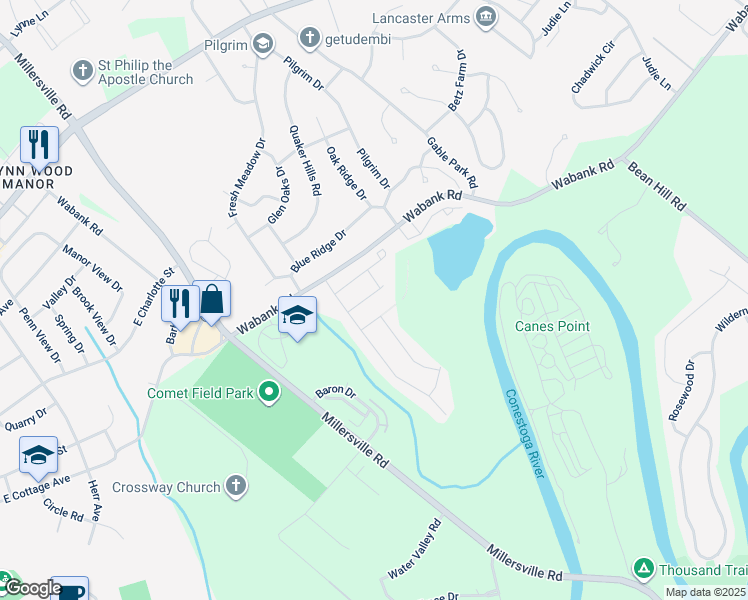 map of restaurants, bars, coffee shops, grocery stores, and more near 15 Waterleaf Road in Lancaster