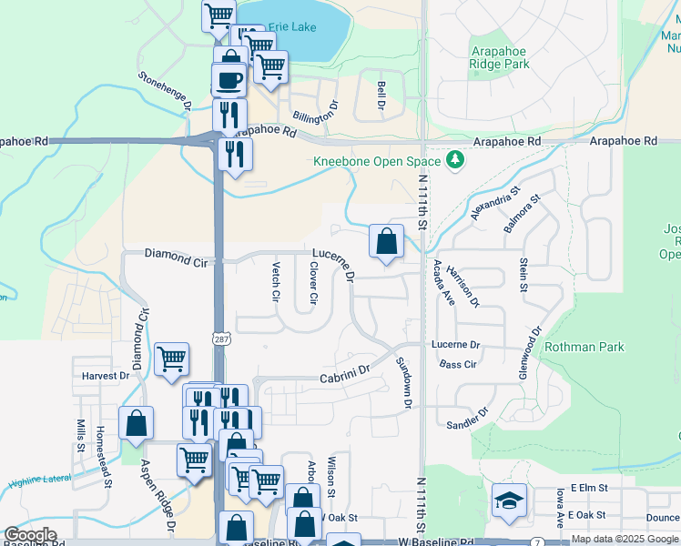 map of restaurants, bars, coffee shops, grocery stores, and more near 904 Vetch Circle in Lafayette