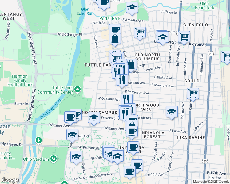 map of restaurants, bars, coffee shops, grocery stores, and more near 33 West Patterson Avenue in Columbus