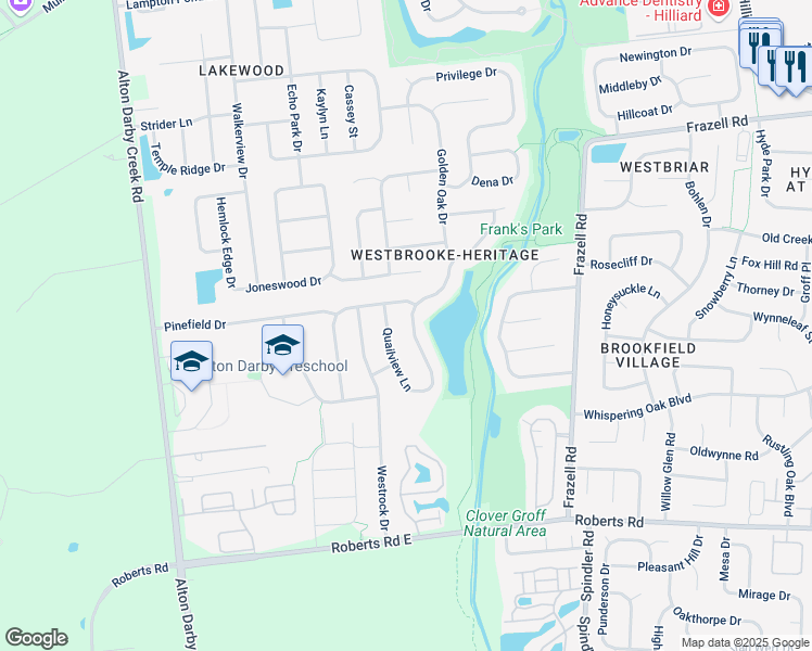 map of restaurants, bars, coffee shops, grocery stores, and more near 2830 Quailview Lane in Hilliard