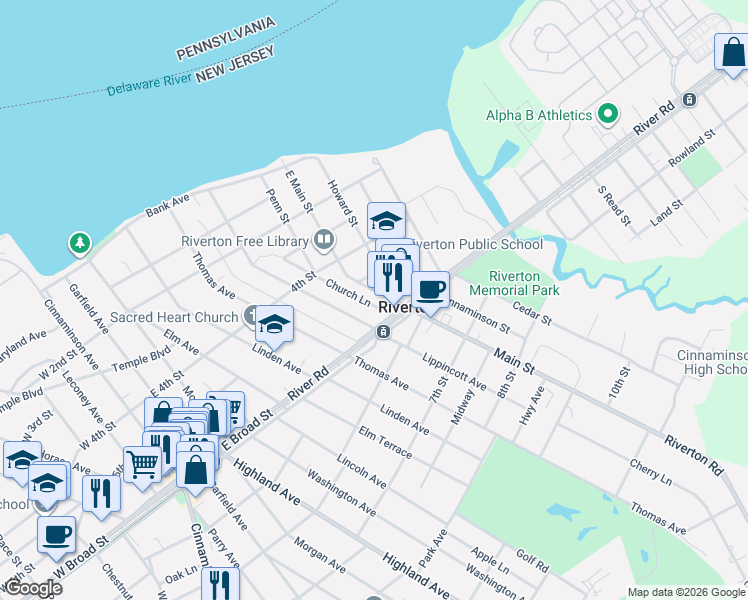 map of restaurants, bars, coffee shops, grocery stores, and more near 421-1/2 Lippincott Avenue in Riverton