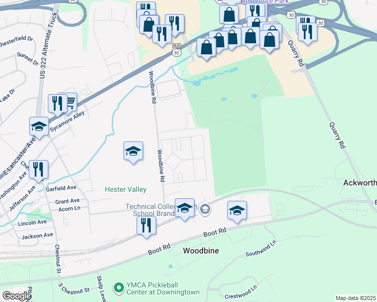 map of restaurants, bars, coffee shops, grocery stores, and more near 710 Houston Street in Downingtown