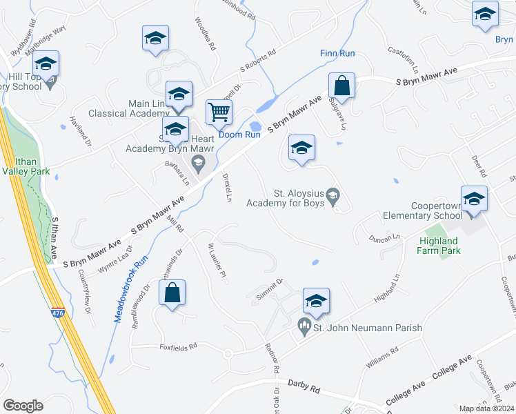 map of restaurants, bars, coffee shops, grocery stores, and more near 920 Wootton Road in Bryn Mawr