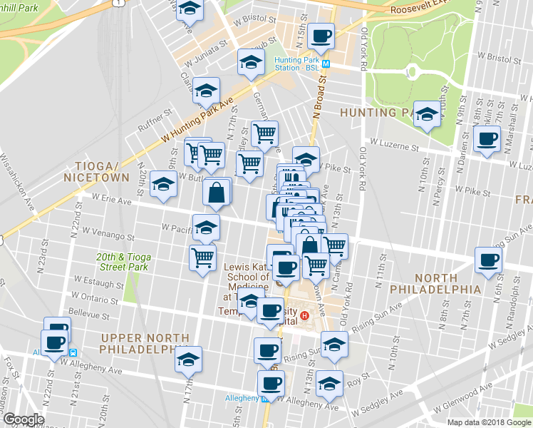 map of restaurants, bars, coffee shops, grocery stores, and more near 3714 North 15th Street in Philadelphia