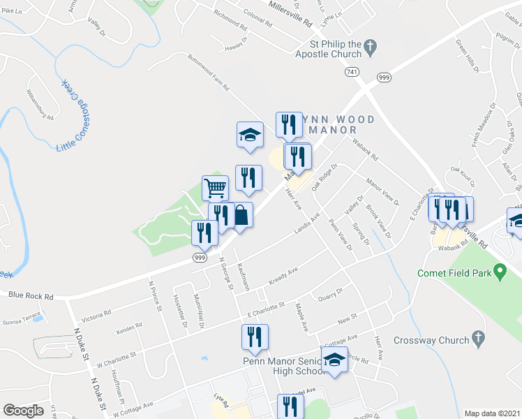 map of restaurants, bars, coffee shops, grocery stores, and more near 118 Manor Avenue in Millersville