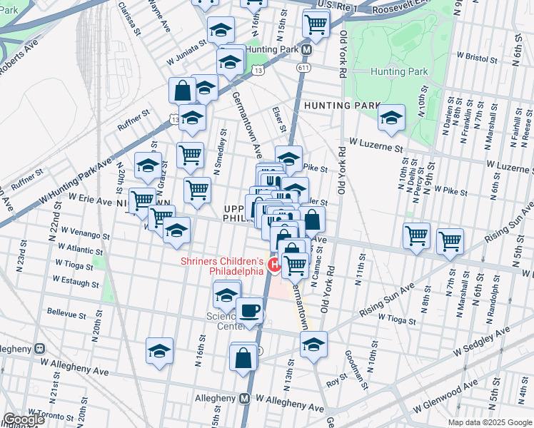 map of restaurants, bars, coffee shops, grocery stores, and more near 3721 North Carlisle Street in Philadelphia