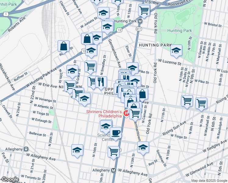 map of restaurants, bars, coffee shops, grocery stores, and more near 3714 North 15th Street in Philadelphia
