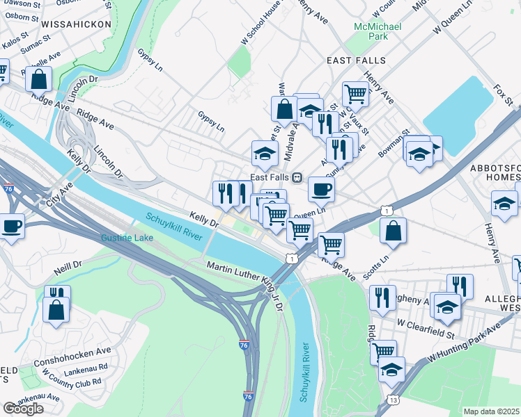 map of restaurants, bars, coffee shops, grocery stores, and more near 3667 Eveline Street in Philadelphia
