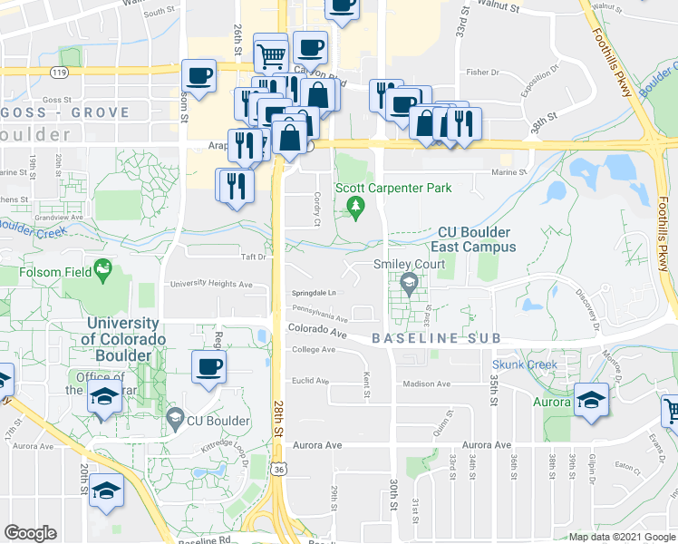 map of restaurants, bars, coffee shops, grocery stores, and more near 2932 Shadow Creek Drive in Boulder