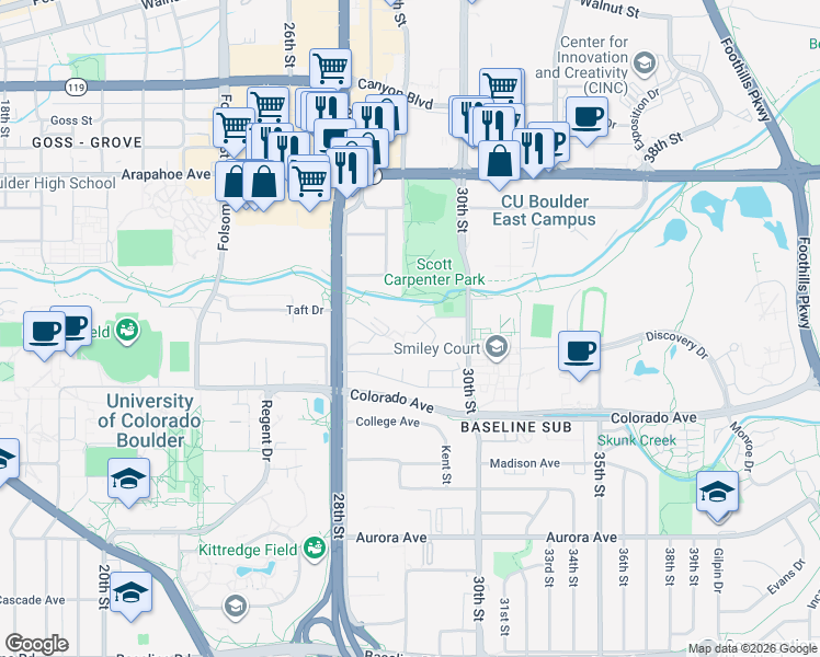 map of restaurants, bars, coffee shops, grocery stores, and more near 2871 Springdale Lane in Boulder