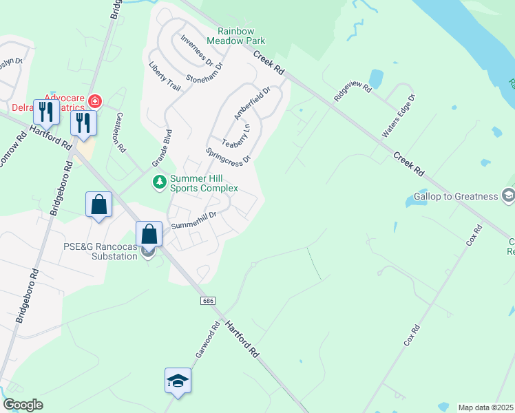 map of restaurants, bars, coffee shops, grocery stores, and more near 195 Wildflower Place in Delran
