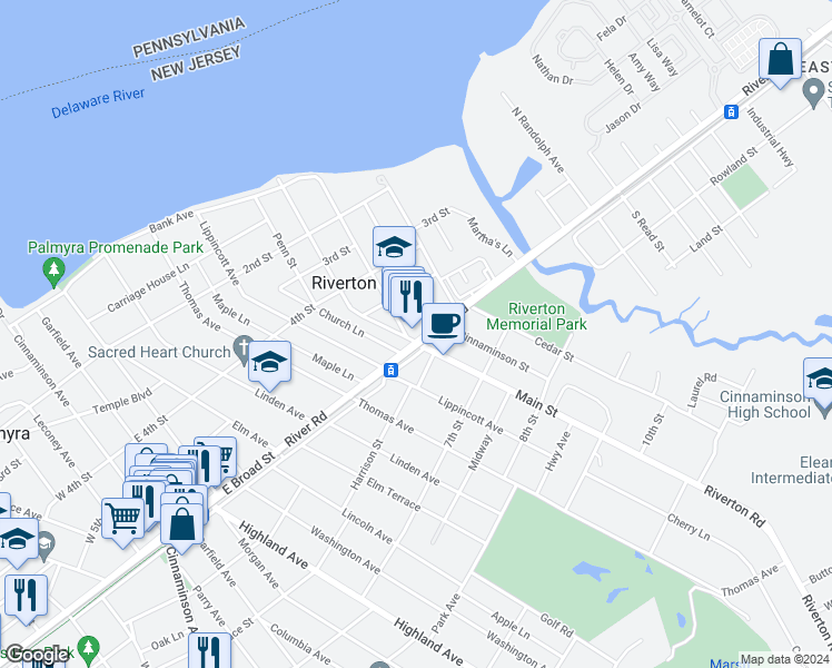 map of restaurants, bars, coffee shops, grocery stores, and more near 519 Howard Street in Riverton