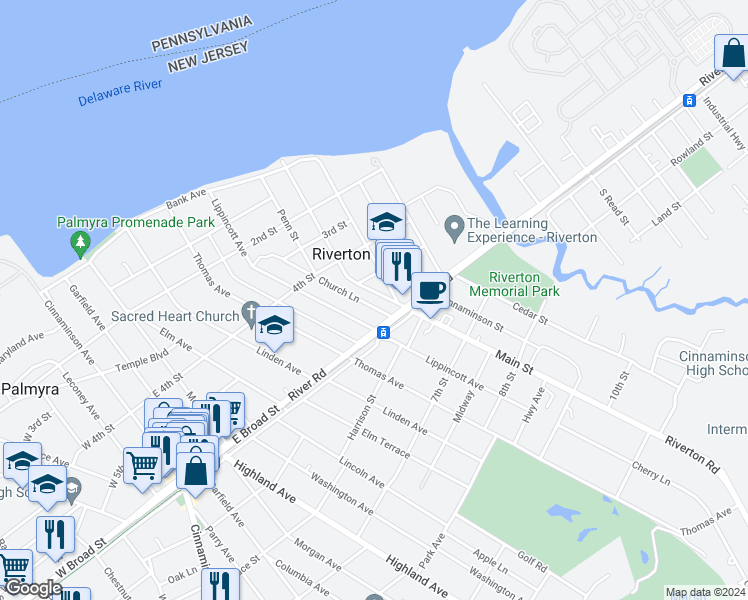 map of restaurants, bars, coffee shops, grocery stores, and more near 421-1/2 Lippincott Avenue in Riverton