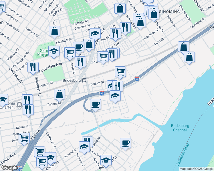 map of restaurants, bars, coffee shops, grocery stores, and more near 5410 James Street in Philadelphia