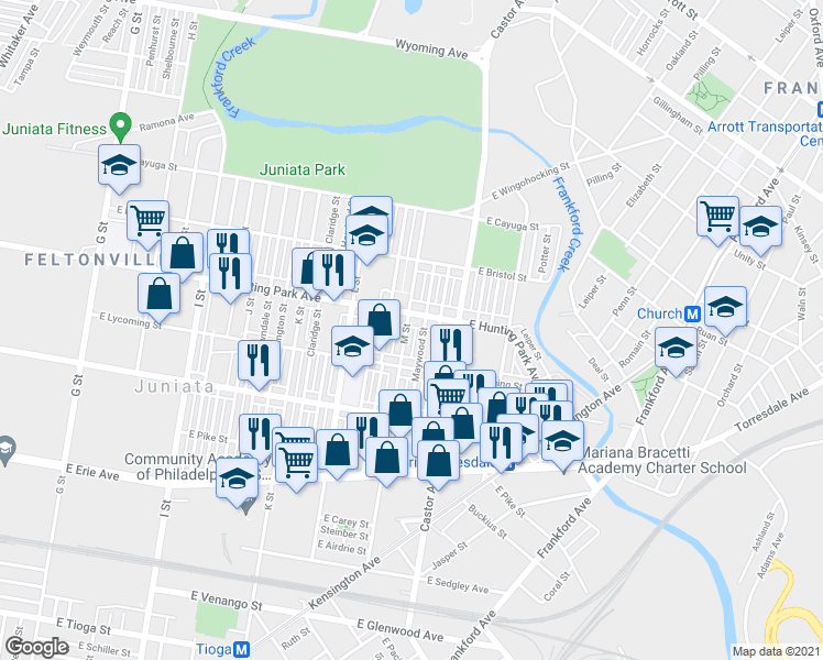 map of restaurants, bars, coffee shops, grocery stores, and more near 4124 M Street in Philadelphia