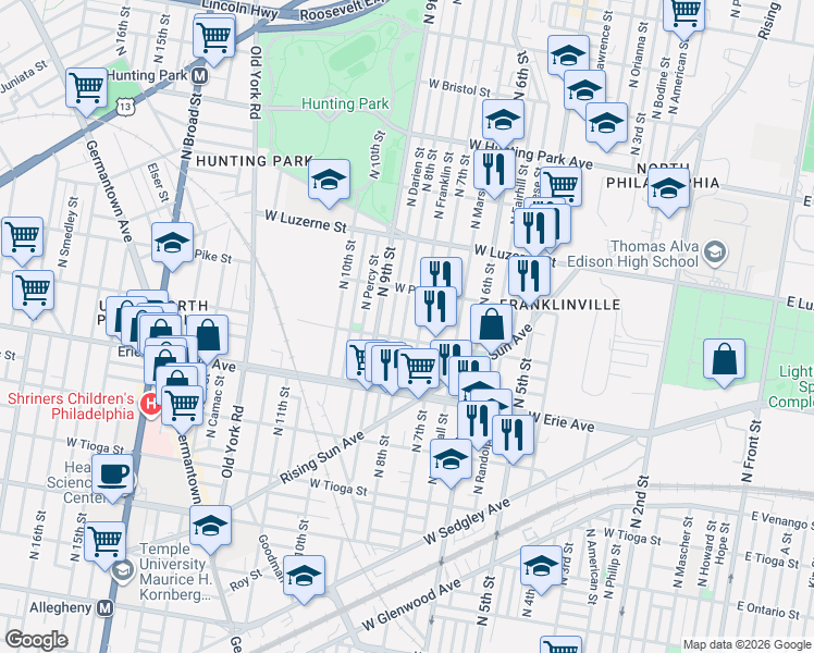 map of restaurants, bars, coffee shops, grocery stores, and more near in Philadelphia