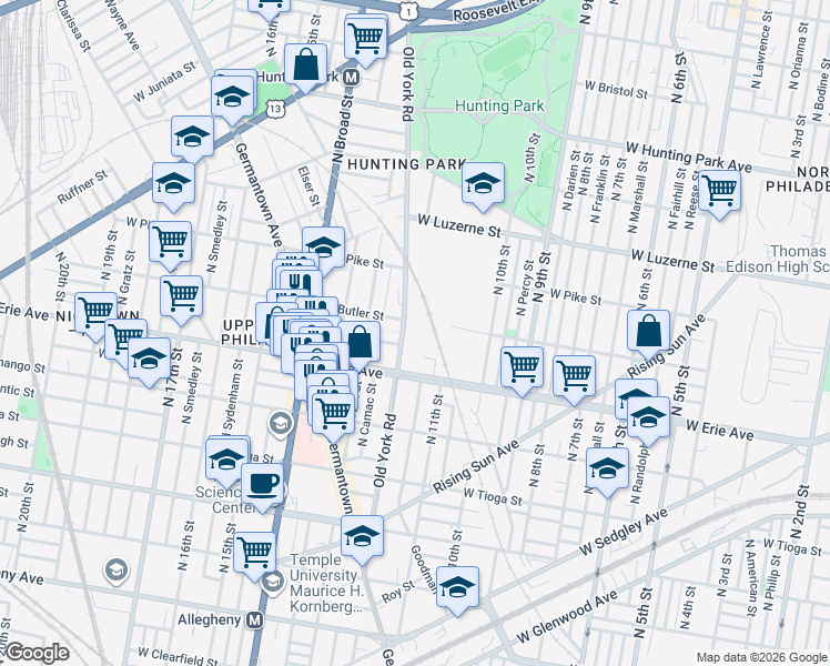 map of restaurants, bars, coffee shops, grocery stores, and more near 3713 Old York Road in Philadelphia