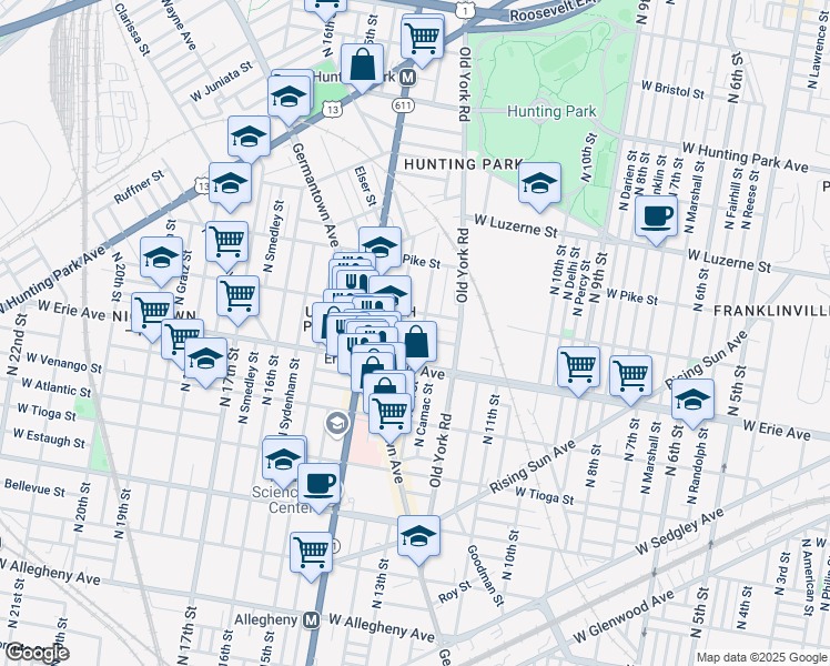 map of restaurants, bars, coffee shops, grocery stores, and more near 1230 West Airdrie Street in Philadelphia
