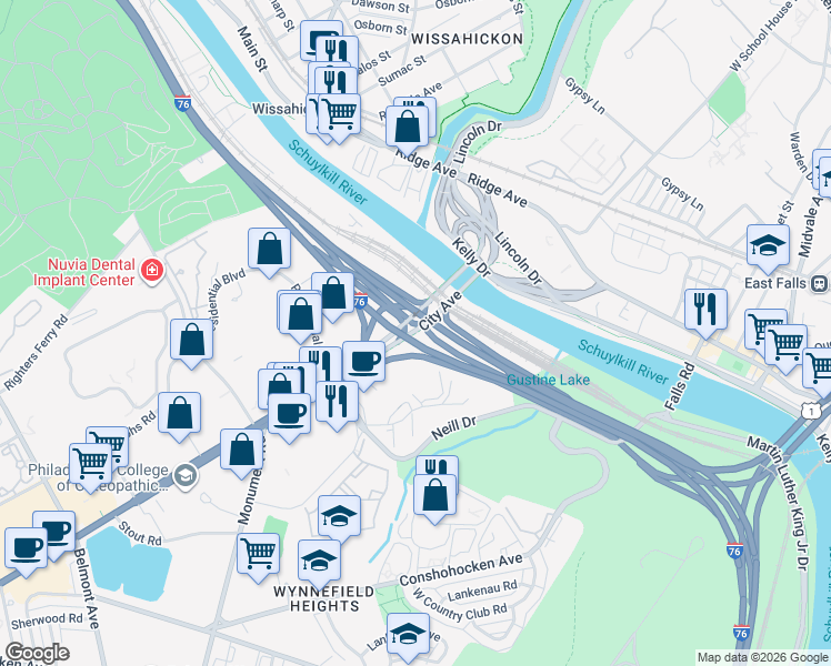 map of restaurants, bars, coffee shops, grocery stores, and more near 3903 City Avenue in Philadelphia