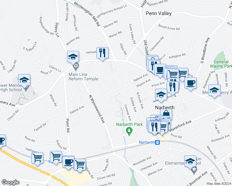 map of restaurants, bars, coffee shops, grocery stores, and more near 424 Conway Avenue in Narberth