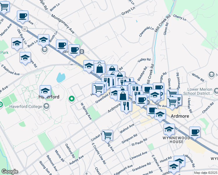 map of restaurants, bars, coffee shops, grocery stores, and more near 8 Greenfield Avenue in Ardmore