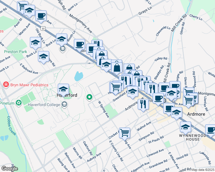 map of restaurants, bars, coffee shops, grocery stores, and more near 64 Holland Avenue in Ardmore