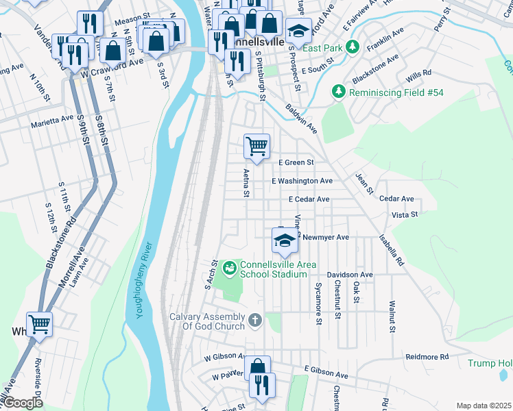 map of restaurants, bars, coffee shops, grocery stores, and more near 912 Aetna Street in Connellsville