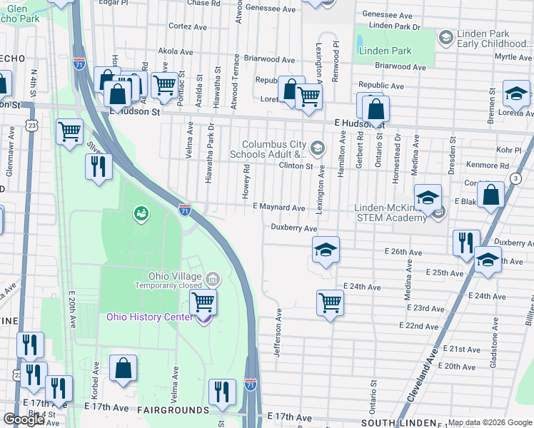 map of restaurants, bars, coffee shops, grocery stores, and more near 982 Duxberry Avenue in Columbus