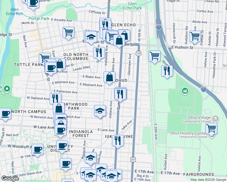 map of restaurants, bars, coffee shops, grocery stores, and more near 2253 Summit Street in Columbus