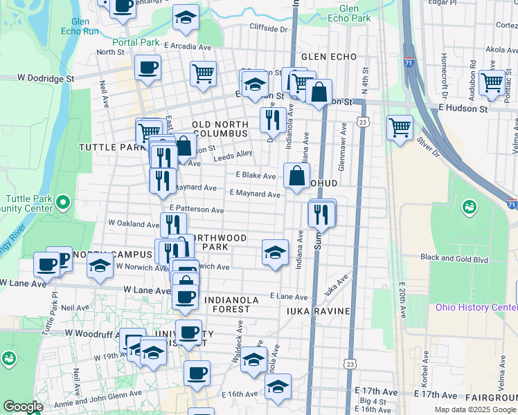 map of restaurants, bars, coffee shops, grocery stores, and more near 215 East Patterson Avenue in Columbus