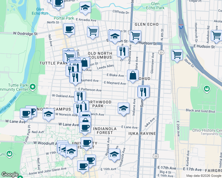 map of restaurants, bars, coffee shops, grocery stores, and more near 161 East Patterson Avenue in Columbus