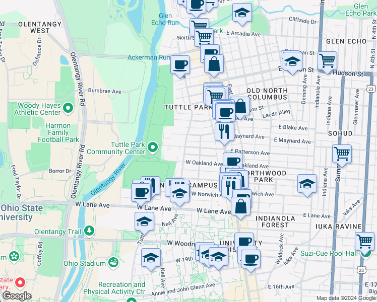 map of restaurants, bars, coffee shops, grocery stores, and more near 112 West Oakland Avenue in Columbus
