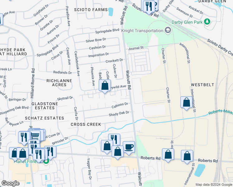 map of restaurants, bars, coffee shops, grocery stores, and more near 2788 Tom's Trace Court in Hilliard