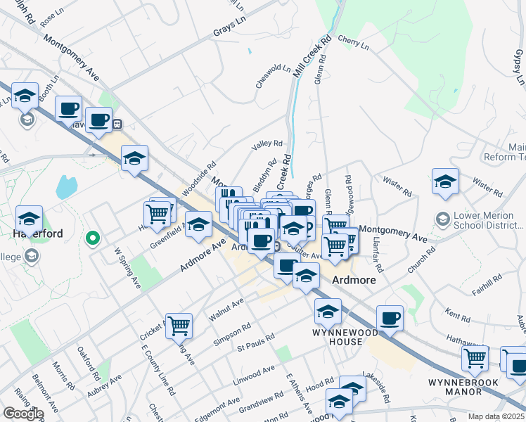 map of restaurants, bars, coffee shops, grocery stores, and more near 35 West Montgomery Avenue in Ardmore