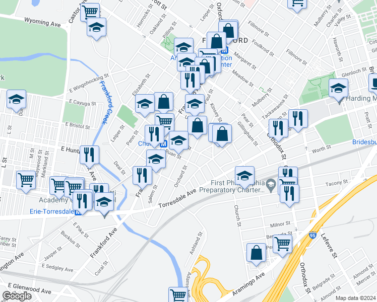 map of restaurants, bars, coffee shops, grocery stores, and more near 1670 Church Street in Philadelphia