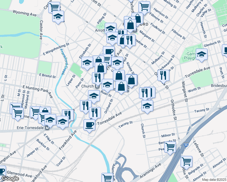 map of restaurants, bars, coffee shops, grocery stores, and more near 1670 Church Street in Philadelphia