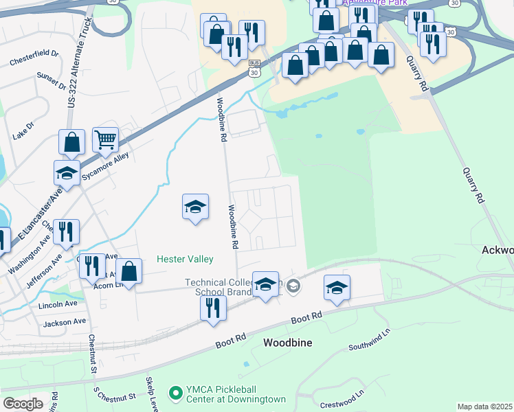map of restaurants, bars, coffee shops, grocery stores, and more near 605 Albion Place in Downingtown