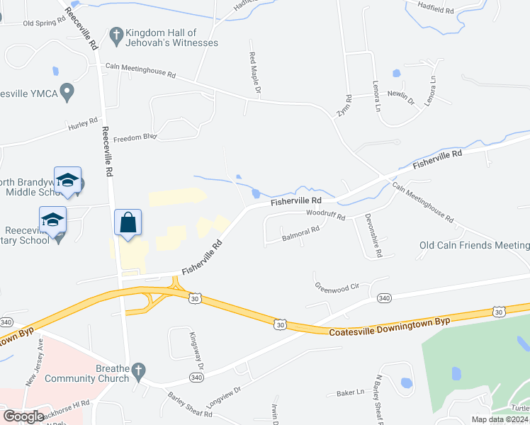 map of restaurants, bars, coffee shops, grocery stores, and more near 1153 Woodruff Road in Coatesville