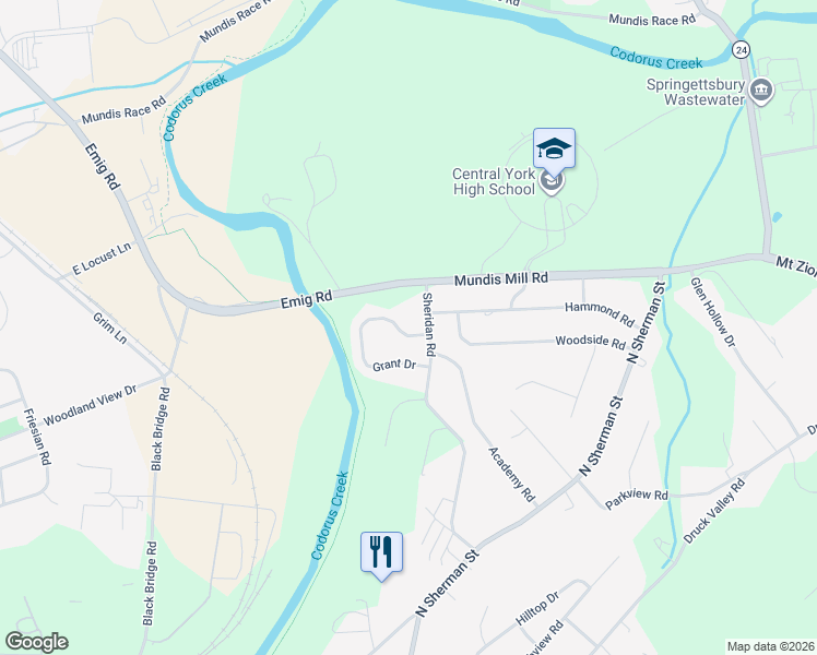 map of restaurants, bars, coffee shops, grocery stores, and more near 439 Grant Drive in York