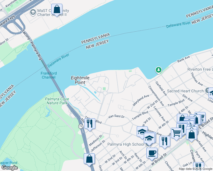 map of restaurants, bars, coffee shops, grocery stores, and more near 2103 Sanibel Circle in Palmyra
