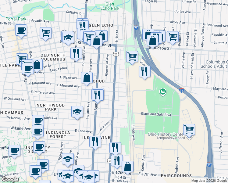map of restaurants, bars, coffee shops, grocery stores, and more near N 4th St & Wyandotte Ave in Columbus
