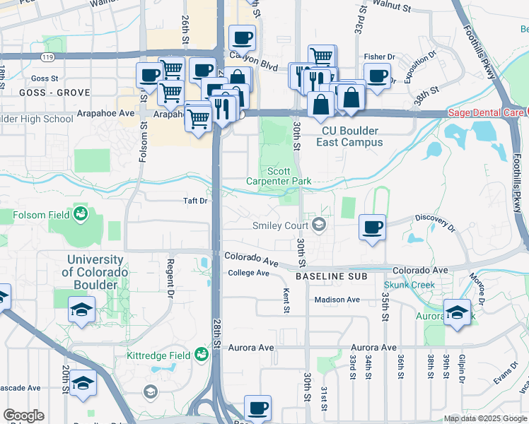 map of restaurants, bars, coffee shops, grocery stores, and more near 2932 Shadow Creek Drive in Boulder