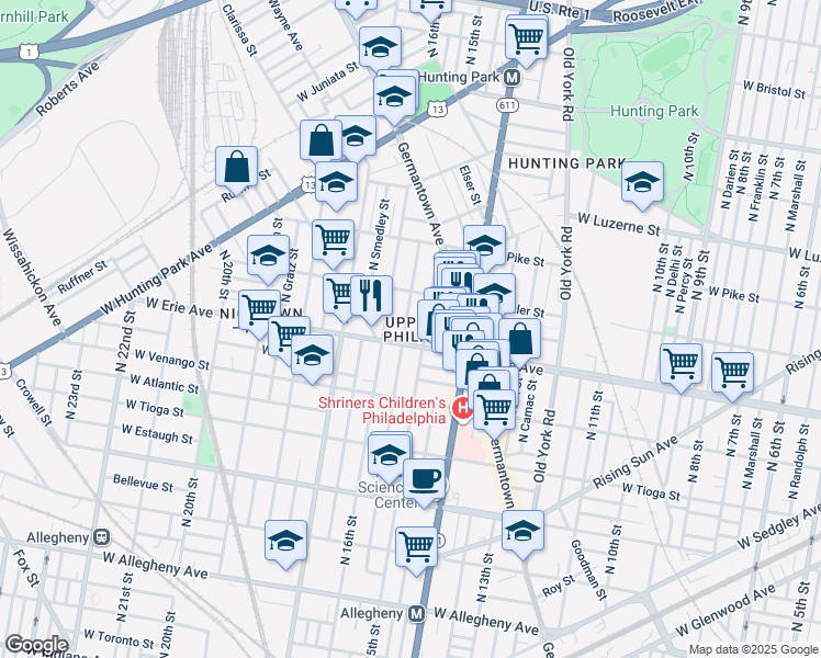map of restaurants, bars, coffee shops, grocery stores, and more near 3711 North Sydenham Street in Philadelphia