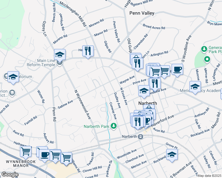 map of restaurants, bars, coffee shops, grocery stores, and more near 414 Dudley Avenue in Narberth