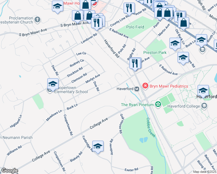 map of restaurants, bars, coffee shops, grocery stores, and more near 2 Barrister Court in Haverford